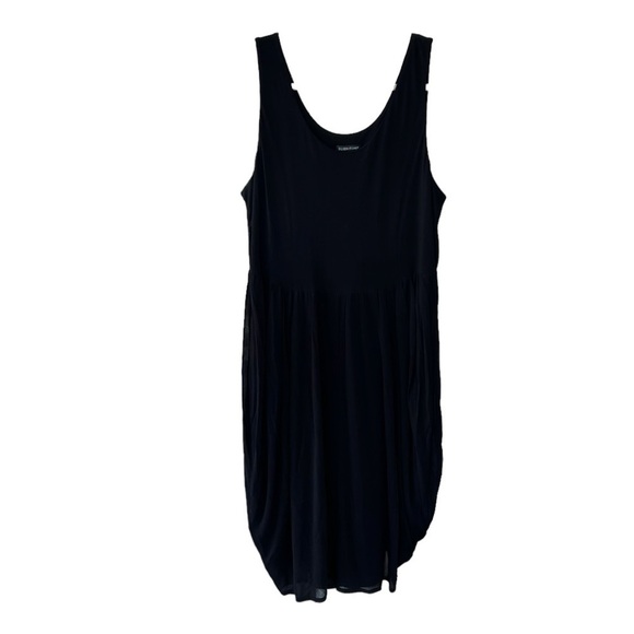 Eileen Fisher 100% Silk Casual Tank Dress Gathered Sheer overlay Black Large GUC - Picture 3 of 12